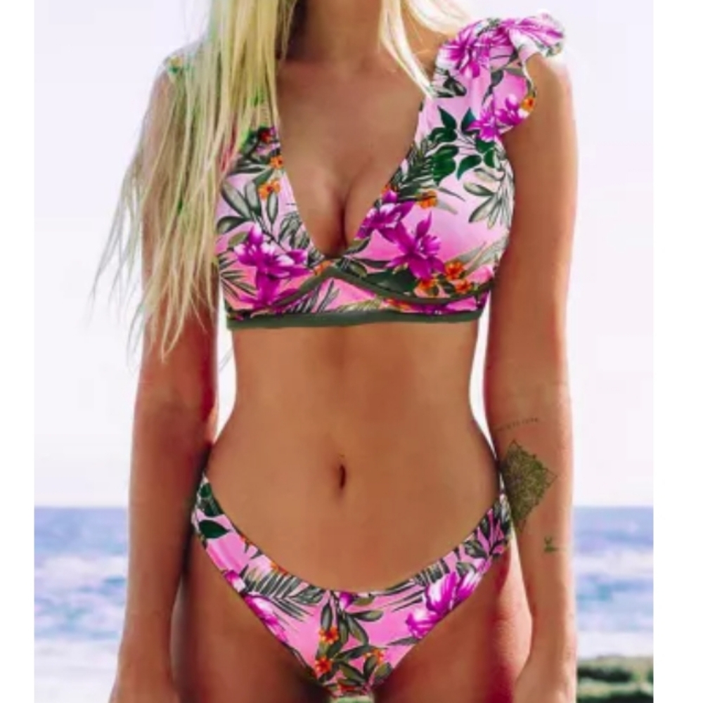 Floral Print Deep V Flutter Sleeve Bikini